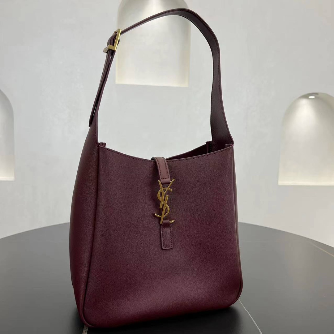 Saint Laurent LE 5 A 7 Small Soft Grained Calfskin Shoulder Bag Handbag Wine Red 713938